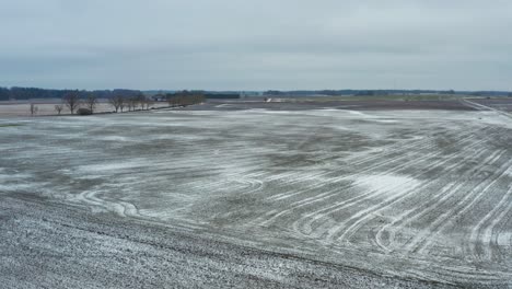 Luftaufnahme-Von-Ackerland-Mit-Dünner-Schneedecke-Und-Tief-Fliegendem-Schwanenpaar