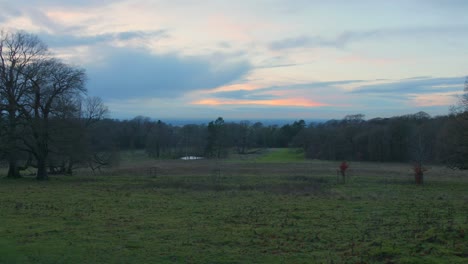 Twilight-descends-over-Lyme-Park-with-a-fiery-sky-backdrop,-bare-trees-in-winter