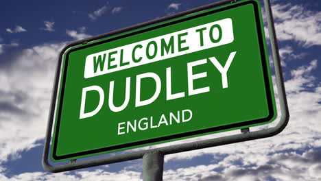 Welcome-to-Dudley,-England,-UK-City-Road-Sign,-Realistic-3D-Animation