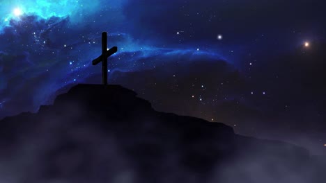 Kreuz-Auf-Einem-Hügel-Mit-Leuchtenden-Sternen-Im-Hintergrund