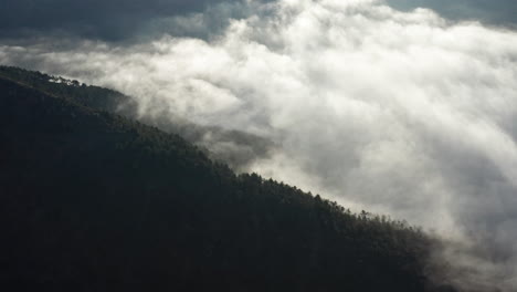 Misty-clouds-rolling-over-a-forested-mountain-at-dawn,-creating-a-serene-atmosphere