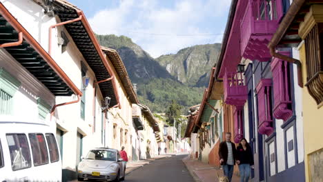 Colombian-Street-in-Bogota,-With-Mountains-in-Distance