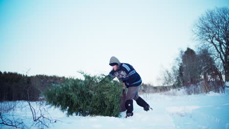 A-Man-is-Placing-Spruce-Tree-to-Burn-into-the-Drum-During-the-Winter---Static-Shot