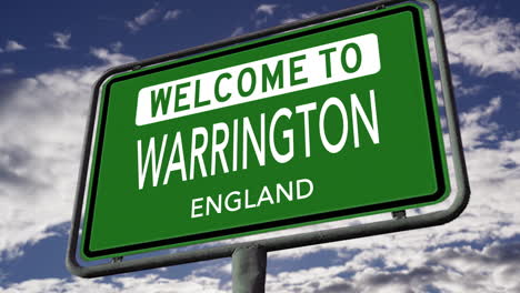 Willkommen-In-Warrington,-England,-Großbritannien,-Stadtstraßenschild,-Realistische-3D-Animation
