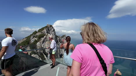 Tourists-Enjoy-Scenic-Views-Over-Rock-of-Gibraltar-from-Cable-Car-Top-Station-in-Slow-Motion