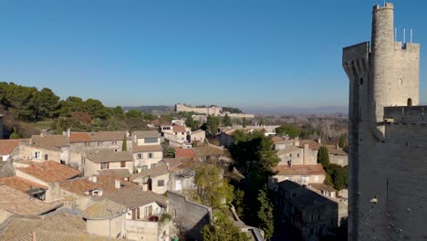 Aerial-tour-of-surroundings-Philippe-le-Bel-Tower,-Rhone-River,-Avignon,-France