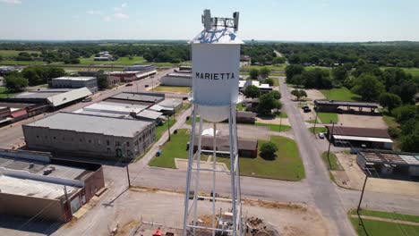 This-is-aerial-footage-of-a-water-tower-in-the-town-of-Marietta-in-Oklahoma