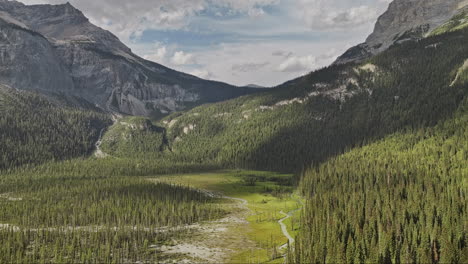 Emerald-Lake-BC-Canada-Aerial-v2-flyover-the-river-capturing-breathtaking-landscape-of-evergreen-forests,-Yoho-National-Park-and-Wapta-mountain-peak-in-summer---Shot-with-Mavic-3-Pro-Cine---July-2023