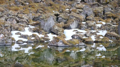 Rocas-Cubiertas-De-Musgo-Junto-A-Un-Lago-Sereno-En-Islandia,-Reflejándose-En-Aguas-Tranquilas