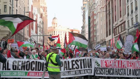 During-a-rally,-protesters-hold-a-banner-and-wave-Palestine-flags-in-solidarity-with-Palestine