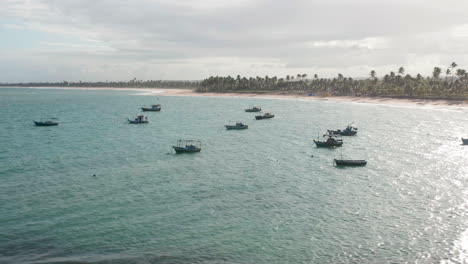 Aerial-view-of-the-boats-parked,-the-palm-tree-area-on-a-cloudy-day,-Guarajuba,-Bahia,-Brazil