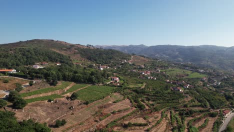 Volando-Sobre-Casas-En-Viñedos-De-Montaña-En-El-Valle-Del-Duero,-Portugal