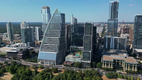 Panning-around-the-Independent,-The-Google-tower-and-The-Sailboat-Building-in-Austin-Texas