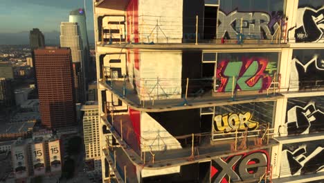 4K-Aerial-of-Graffiti-Tower-in-DTLA-in-February-2024,-Los-Angeles,-California,-USA