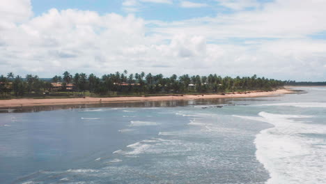 Aerial-view-of-Praia-do-Forte-beach,-the-coral-reef,-palm-tree-area-on-a-cloudy-day,-Praia-do-Forte,-Bahia,-Brazil