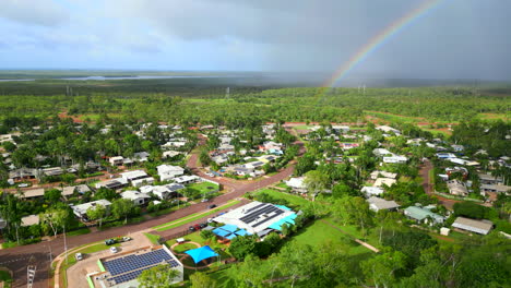 Aerial-drone-of-Double-Rainbow-Over-Residential-Tropical-Suburb-on-Overcast-Day-in-Darwin-Northern-Territory-Australia