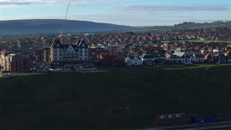 Establishing-Aerial-Shot-of-Whitby-Town-Seafront-North-Yorkshire-UK