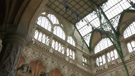 The-Interior-of-the-Historic-Antwerp-Stock-Exchange-Building-in-Antwerp,-Belgium---Low-Angle-Shot