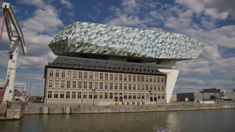 The-Port-Authority-Building-in-Antwerp,-Belgium,-Europe---Wide-Shot