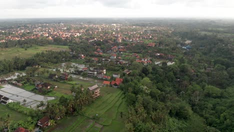 Aerial-view-of-Ubud-town-with-dense-jungle-and-rice-terraces-in-rainy-season,-Bali,-Indonesia