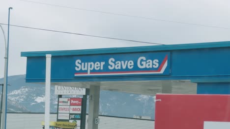 Close-Up-View-of-Super-Save-Gas-Station-in-Salmon-Arm,-British-Columbia,-Canada