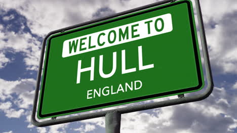 Welcome-to-Hull,-England,-UK-City-Road-Sign,-Realistic-3D-Animation