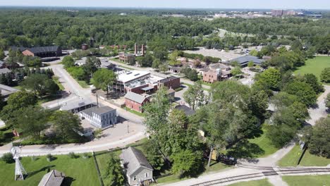 Historic-Greenfield-Village-center-in-drone-view,-Dearborn,-Michigan,-USA