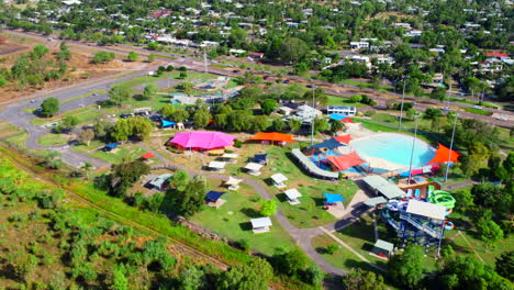 Aerial-drone-of-Empty-Leanyer-Waterpark-in-Darwin-Northern-Territory-Australia,-Pullback-Retreat