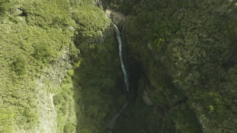 Birds-view-shot-of-a-long-waterfall-in-a-forest