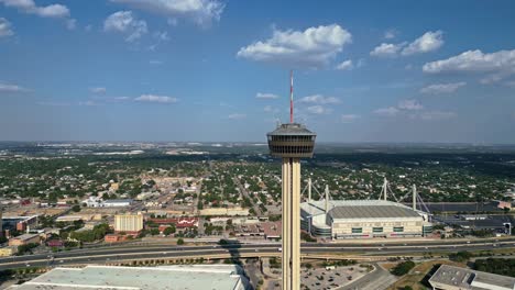 Flying-away-from-iconic-Tower-of-the-Americas---Observation-tower-San-Antonio