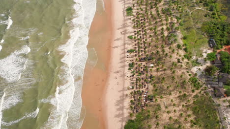 Aerial-view-of-the-waves,-beach,-a-small-river-and-the-palm-trees-area-in-a-cloudy-day,-Imbassai,-Bahia,-Brazil
