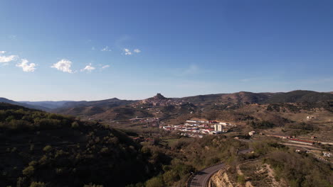 Aerial-View-of-Morella-Village-and-Surroundings-in-Spain,-Medieval-Town-in-Province-of-Castellon-in-Region-of-Valencia