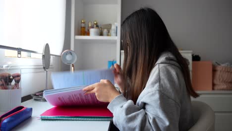 Mujer-Joven-Leyendo-De-Una-Carpeta-En-Un-Escritorio-De-Estudio-En-El-Hogar,-4k