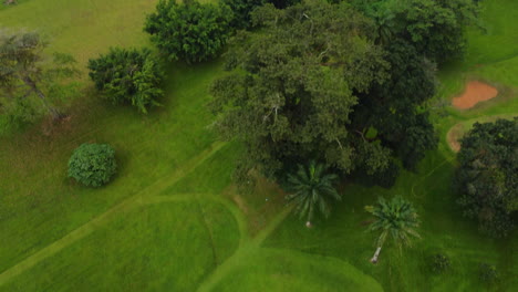 Drone-shot-tilting-over-a-Golf-course-in-Yaounde-city,-in-Cameroon,-Africa