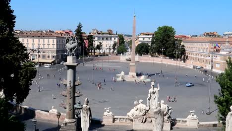 Popolo-Square-with-people-walking-on-sunny-day-seen-from-Pincio,-Rome