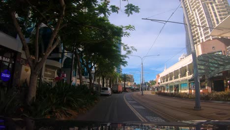 Point-of-view-driving-South-through-Surfers-Paradise-on-Surfers-Paradise-Blvd-towards-Q1,-Gold-Coast,-Australia
