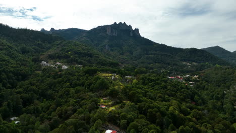 Drone-shot-over-homes,-toward-the-Witch's-Boulder-peaks-of-El-Chico-National-Park,-Mexico
