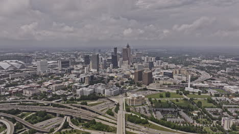 Atlanta-Georgia-Aerial-v913-high-flyover-Summerhill-and-Capital-Gateway-capturing-interstate-freeway-traffics,-urban-cityscape-of-south-and-downtown-areas---Shot-with-Mavic-3-Pro-Cine---May-2023