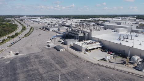 Massive-Ford-motors-assembly-plant-facility,-aerial-drone-view