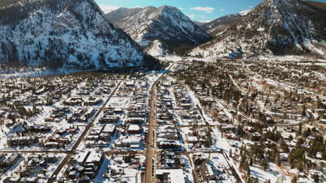 Winter-bluebird-sky-daytime-noon-snowy-downtown-Frisco-aerial-drone-high-elevation-main-street-Colorado-mountain-ski-town-Copper-Ikon-Pass-Breckenridge-Silverthorne-Dillon-Summit-County-backwards-pan