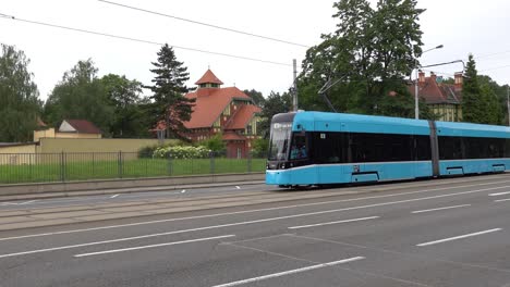 Skoda-39T-modern-tram-of-DPO-in-Ostrava,-Czech-Republic,-panning-shot