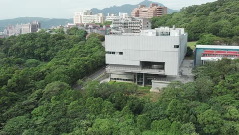 The-Art-Center-and-Observation-Deck-Located-at-Taipei-National-University-of-the-Arts-in-Guandu,-Beitou-District,-Taipei,-Taiwan---Aerial-Drone-Shot