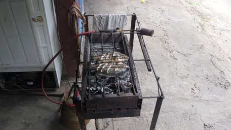 Grilled-fish-on-a-rustic-barbecue-at-Lake-Toba,-Sumatra,-with-a-hand-in-view