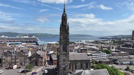 Greenock,-Scotland-UK,-Drone-Shot-of-Former-St-George's-North-Church,-Harbor-and-Cityscape-on-Sunny-Summer-Day-60fps
