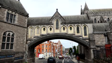 Low-angle-static-shot-of-stone-bridge-on-overcast-day-in-Dublin,-Ireland