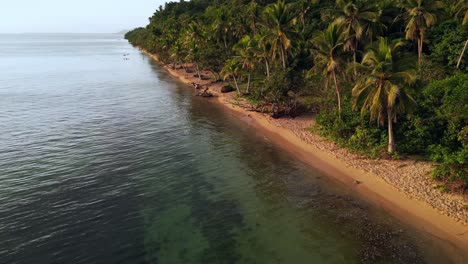 Overhead-aerial-dolly-shot-of-white-sand-Mamangal-Beach-Resort-with-lush-palm-trees-during-dusk