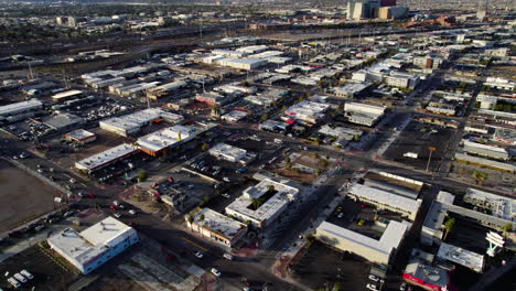 Las-Vegas-Nevada-USA,-Revealing-Drone-Shot-of-Downtown-Neighborhood,-North-of-Strip,-Streets-and-Buildings