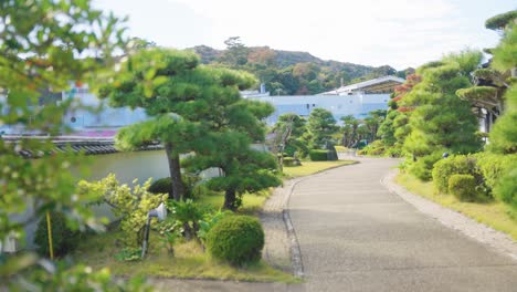 Japanese-Garden-in-Toba-Bay,-Mikimoto-Pearl-Island-on-Warm-Day