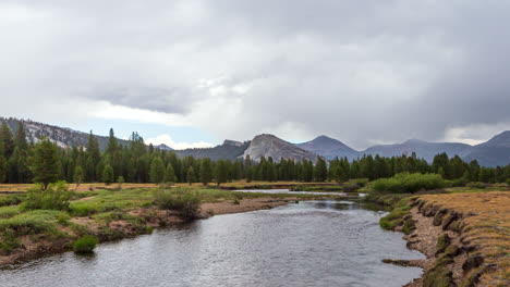 A-River-During-Cloudy-Day-At-Tuolumne-Meadows-Campground-In-California,-United-States