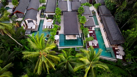 Luxury-and-exotic-villas-with-private-swimming-pools-surrounded-lush-vegetation,-Indonesian-style